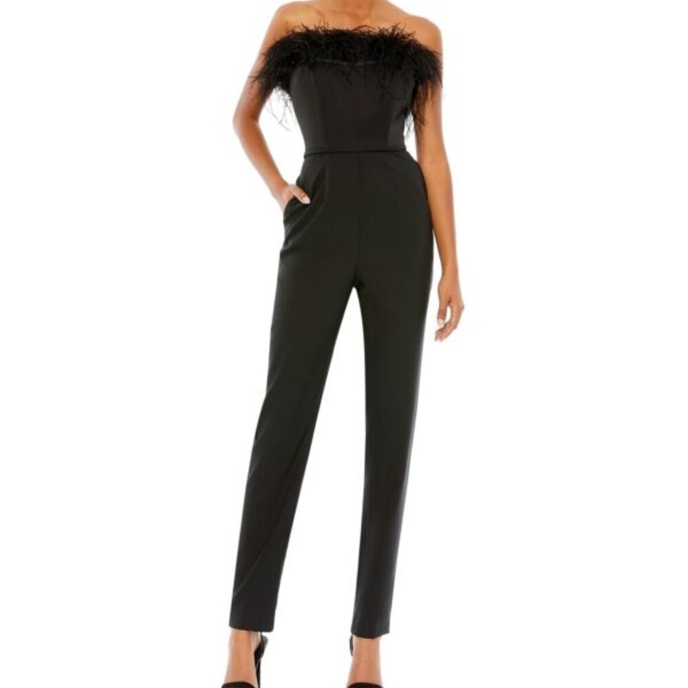 Mac Duggal NWT 68146 Feather Neck Strapless Jumpsuit Size 6